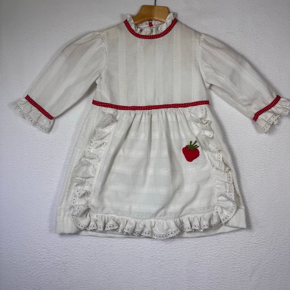 VTG 80 Pinafore Apron Toddler Dress Cotton Blend Red White Strawberry Cottage 4T